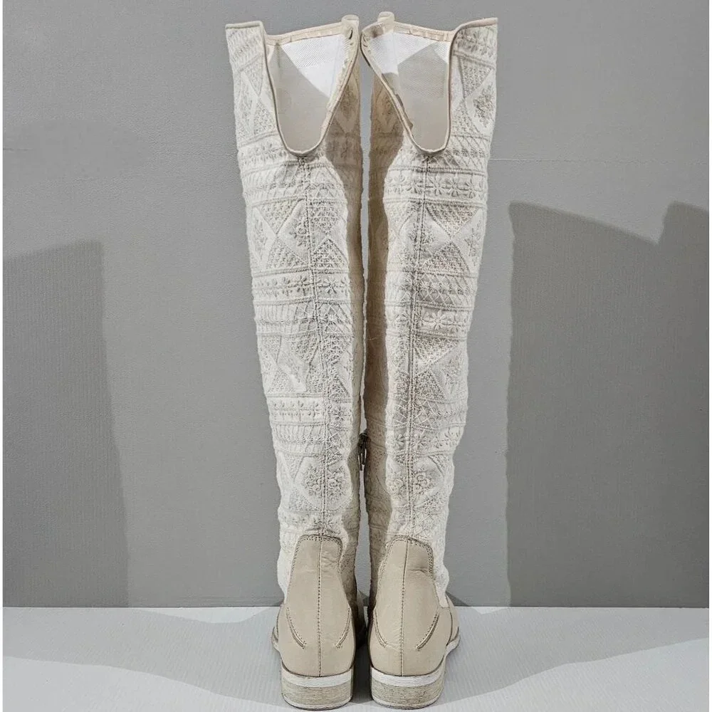 Free People Bren Knee High Boot Womens EU 37 Cream Embroidered Slouchy Boho